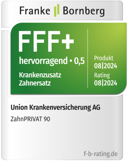 Bewertungszeichen für die Krankenzusatzversicherung ZahnPRIVAT 90 von Union Krankenversicherung AG, mit der Note FFF+ und hervorragen 0,5, gültig bis 08/2024.